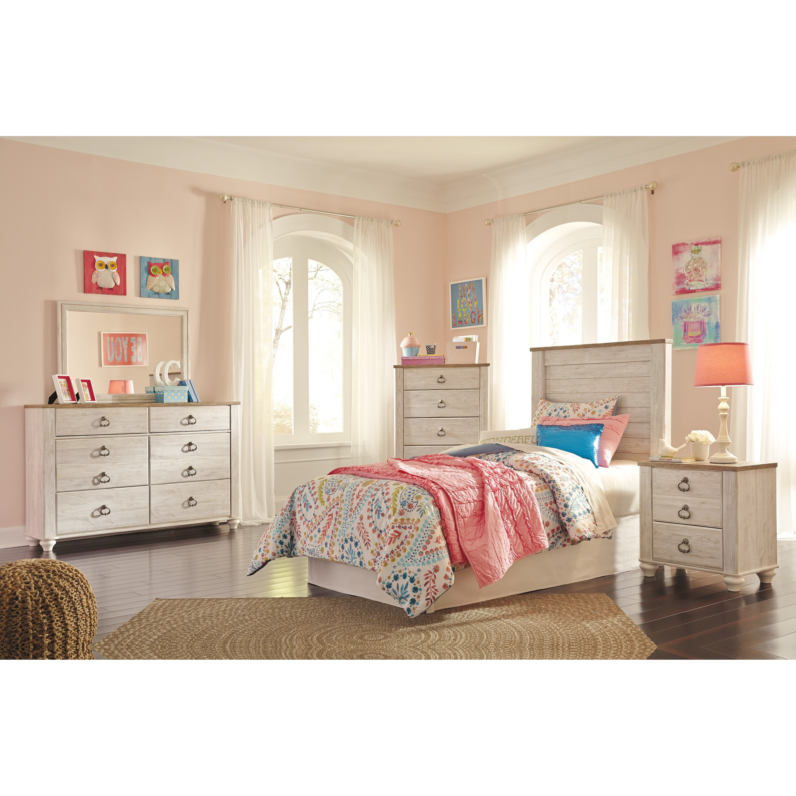 Signature Design by Ashley Willowton 348120044 Twin Panel Headboard in Washed White Finish with Rustic Top Trim Schewels Home Bed Headboards